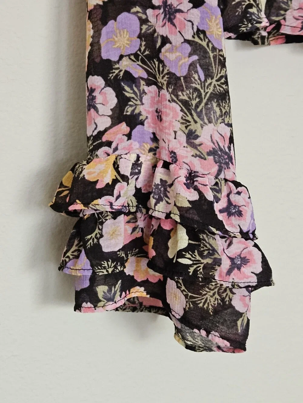 Free People Black Floral Tie-Front Blouse with Pink & Yellow Blooms